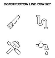 Simple monochrome signs drawn with black thin line. Vector line icon set with symbols of saw, drainpipe of sink, spanner and screwdriver, faucet