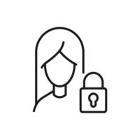 Profession, occupation, hobby of woman. Outline sign drawn with black thin line. Editable stroke. Vector monochrome line icon of lock with keyhole by female