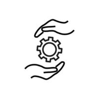 Support and gift signs. Minimalistic isolated vector image for web sites, shops, stores, adverts. Editable stroke. Vector line icon of gear or cogwheel between outstretched hands