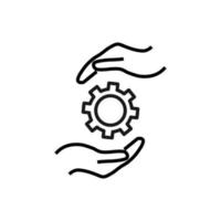 Support and gift signs. Minimalistic isolated vector image for web sites, shops, stores, adverts. Editable stroke. Vector line icon of gear or cogwheel between outstretched hands