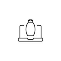 Simple black and white illustration drawn with thin line. Perfect for advertisement, internet shops, stores. Editable stroke. Vector line icon of shampoo on laptop monitor