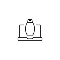 Simple black and white illustration drawn with thin line. Perfect for advertisement, internet shops, stores. Editable stroke. Vector line icon of shampoo on laptop monitor