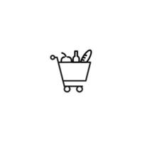 venta, compra, concepto de compras. signo vectorial adecuado para sitios web, tiendas, tiendas, artículos, libros. trazo editable. icono de línea de comida en carrito de compras vector