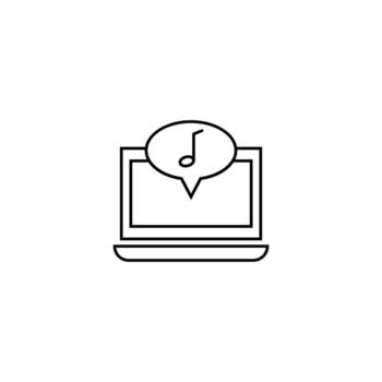 Computer, internet and communication concept. Modern monochrome sign in flat style. Suitable for web sites, stores, books etc. Line icon of musical note inside of speech bubble on laptop monitor vector
