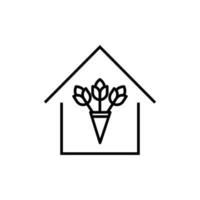 Building as establishment or facility. Outline monochrome sign in flat style. Suitable for stores, advertisements, articles, books etc. Line icon of flowers inside of house vector