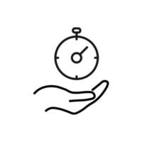 Gift, charity, support symbol. Vector sign drawn with black line. Monochrome image for adverts, banners, stores etc. Line icon of timer over outstretched hand