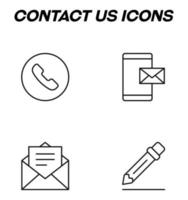 Simple monochrome signs drawn with black thin line. Vector line icon set with symbols of cellphone, envelope by smartphone, letter, writing pencil