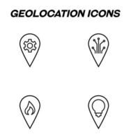 Simple monochrome signs drawn with black thin line. Vector line icon set with symbols of gear, electro chip, ec, fire, light bulb inside of geotag