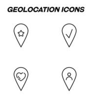 Simple monochrome signs drawn with black thin line. Vector line icon set with symbols of star, checkmark, heart, user inside of geotag