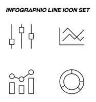 Simple monochrome signs drawn with black thin line. Vector line icon set with symbols of sound bar, progress diagram, development, data, pie chart