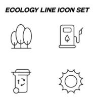 signos monocromáticos simples dibujados con una delgada línea negra. icono de línea vectorial con símbolos de bosque, gasolinera ecológica, sol, residuos o reciclaje de basura vector