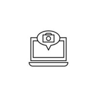 Computer, internet and communication concept. Modern monochrome sign in flat style. Suitable for web sites, stores, books etc. Line icon of photo camera inside of speech bubble on laptop monitor vector