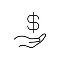 regalo, caridad, símbolo de apoyo. signo vectorial dibujado con línea negra. imagen monocromática para anuncios, pancartas, tiendas, etc. icono de línea de dólar sobre mano extendida vector