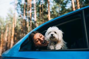 Young woman and dog look out the car window photo