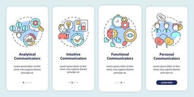 Business communication styles onboarding mobile app screen. Communicators walkthrough 4 steps graphic instructions pages with linear concepts. UI, UX, GUI template. vector