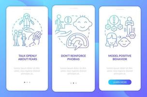 Helping child blue gradient onboarding mobile app screen. Overcome phobia walkthrough 3 steps graphic instructions pages with linear concepts. UI, UX, GUI template. vector