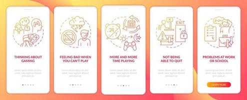 Signs of game addiction red gradient onboarding mobile app screen. Walkthrough 5 steps graphic instructions pages with linear concepts. UI, UX, GUI template. vector