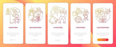 Most common phobias red gradient onboarding mobile app screen. Walkthrough 5 steps graphic instructions pages with linear concepts. UI, UX, GUI template. vector