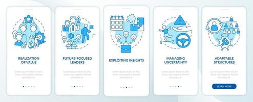 Principles for managing innovation blue onboarding mobile app screen. Walkthrough 5 steps graphic instructions pages with linear concepts. UI, UX, GUI template. vector