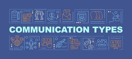 Ways to communicate with people word concepts dark blue banner. Sharing ideas. Infographics with icons on color background. Isolated typography. Vector illustration with text.