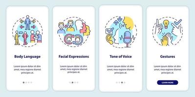 Non-verbal communication types onboarding mobile app screen. Gestures walkthrough 4 steps graphic instructions pages with linear concepts. UI, UX, GUI template. vector