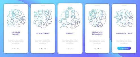 Anxiety disorder treatment blue gradient onboarding mobile app screen. Walkthrough 5 steps graphic instructions pages with linear concepts. UI, UX, GUI template. vector