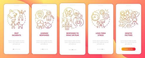 Phobia causes red gradient onboarding mobile app screen. Anxiety disorder walkthrough 5 steps graphic instructions pages with linear concepts. UI, UX, GUI template. vector