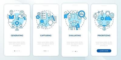 Innovation management process blue onboarding mobile app screen. Walkthrough 4 steps graphic instructions pages with linear concepts. UI, UX, GUI template. vector