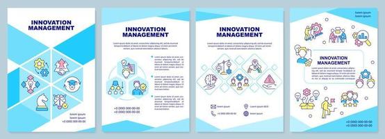 Innovation management turquoise brochure template. Generating solutions. Leaflet design with linear icons. 4 vector layouts for presentation, annual reports.