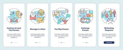 Features of communication onboarding mobile app screen. Message is must walkthrough 5 steps graphic instructions pages with linear concepts. UI, UX, GUI template. vector