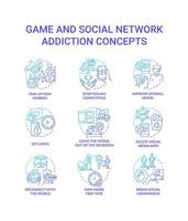 conjunto de iconos de concepto de gradiente azul de adicción a juegos y redes sociales. obsesión idea ilustraciones en color de línea delgada. símbolos aislados. trazo editable. vector