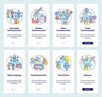 Verbal and non verbal communication onboarding mobile app screen set. Walkthrough 4 steps graphic instructions pages with linear concepts. UI, UX, GUI template. vector