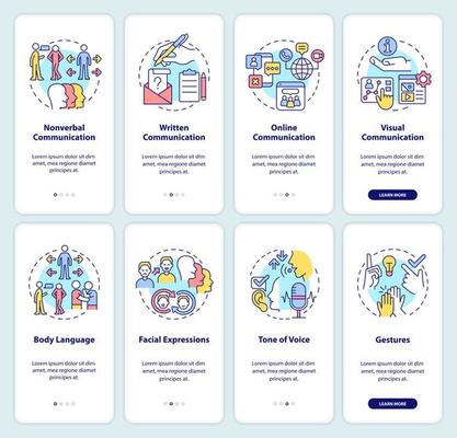 Verbal and non verbal communication onboarding mobile app screen set. Walkthrough 4 steps graphic instructions pages with linear concepts. UI, UX, GUI template.