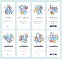 Identifying communication styles onboarding mobile app screen set. Walkthrough 4 steps graphic instructions pages with linear concepts. UI, UX, GUI template. vector