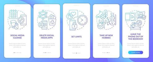 Break social media addiction blue gradient onboarding mobile app screen. Walkthrough 5 steps graphic instructions pages with linear concepts. UI, UX, GUI template.
