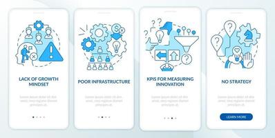 Problems in innovation management blue onboarding mobile app screen. Walkthrough 4 steps graphic instructions pages with linear concepts. UI, UX, GUI template. vector