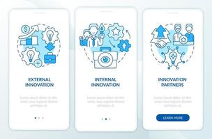 Sources for idea generation blue onboarding mobile app screen. Walkthrough 3 steps graphic instructions pages with linear concepts. UI, UX, GUI template. vector