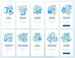 Innovation management system blue onboarding mobile app screen set. Walkthrough 5 steps graphic instructions pages with linear concepts. UI, UX, GUI template. vector