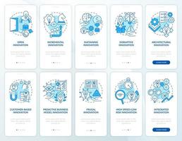 Innovation management system blue onboarding mobile app screen set. Walkthrough 5 steps graphic instructions pages with linear concepts. UI, UX, GUI template. vector