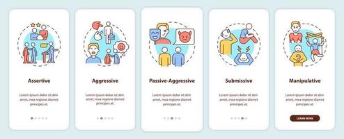Communication styles onboarding mobile app screen. Assertive, aggressive walkthrough 5 steps graphic instructions pages with linear concepts. UI, UX, GUI template. vector