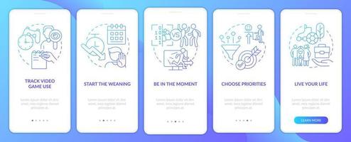 Coping with gaming addiction blue gradient onboarding mobile app screen. Walkthrough 5 steps graphic instructions pages with linear concepts. UI, UX, GUI template. vector