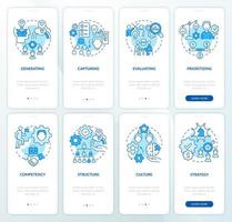 conjunto de pantalla de aplicación móvil de incorporación azul de la estructura de gestión de la innovación. tutorial 4 pasos páginas de instrucciones gráficas con conceptos lineales. interfaz de usuario, ux, plantilla de interfaz gráfica de usuario. vector