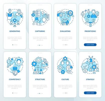 Innovation management structure blue onboarding mobile app screen set. Walkthrough 4 steps graphic instructions pages with linear concepts. UI, UX, GUI template.