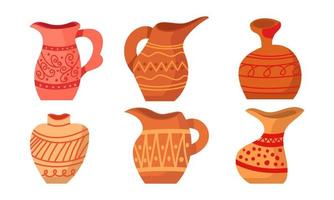 Rustic clay pottery set and brown pot or jug with pattern decorations. Collection of old handmade utensils and ceramic Greek objects. Jug shape and vintage earthenware icons vector illustration