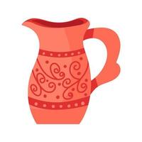 Rustic clay pottery and brown pot or jug with pattern decorations. Old handmade utensil and ceramic Greek object. Jug shape and vintage earthenware icon vector illustration