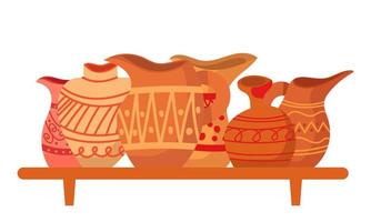 Rustic clay pottery set and brown pot or jug with pattern decorations. Collection of old handmade utensils and ceramic Greek objects. Jug shape and vintage earthenware icons vector illustration