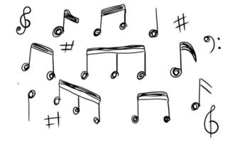 Music notes hand drawn and doodle design set. Sketch of melody and musical symbols in black silhouette style. Collection of creative music icons isolated on white background vector illustration