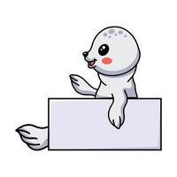 Cute dibujos animados de foca pequeña blanca con signo en blanco vector