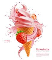 Isolated soft strawberry ice cream cone with swirl vector