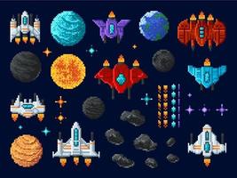 Arcade shooter 8 bit pixel art game space invaders vector